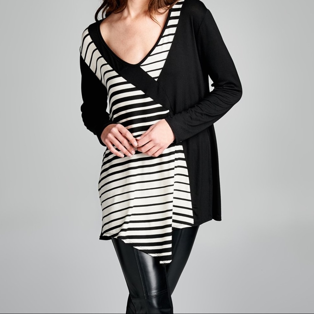 Stone & Black Striped Asymmetrical-Hem Top